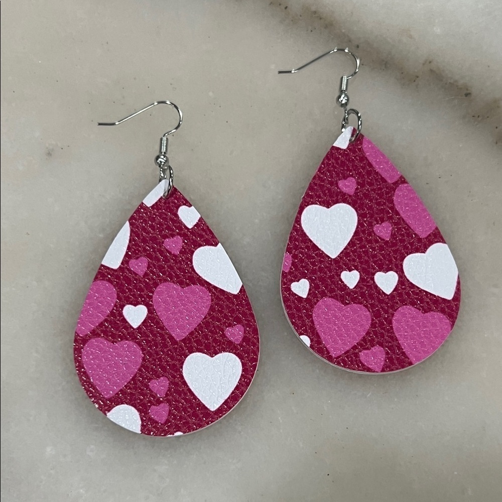 Heart Patterned Pink and White Teardrop Earrings